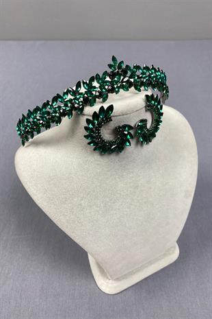 Green Thin Elegant Vera Bridal Henna Crown And Round Earrings