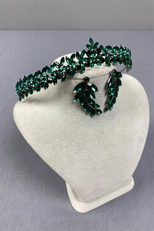 Green Thin Elegant Vera Bridal Henna Crown And Leaf Earrings