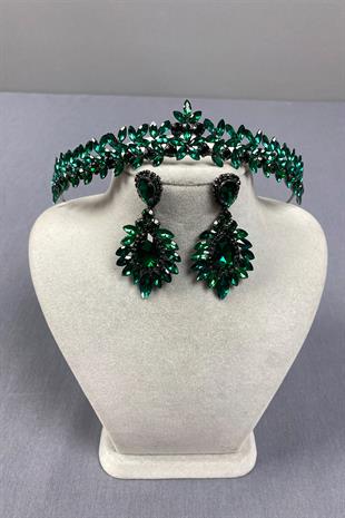Green Thin Elegant Vera Bridal Henna Crown and Drop Shuttle Earrings