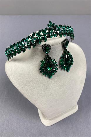 Green Thin Elegant Vera Bridal Henna Crown and Drop Shuttle Earrings