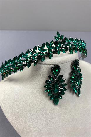 Green Thin Elegant Vera Bridal Henna Crown and Shuttle Earrings