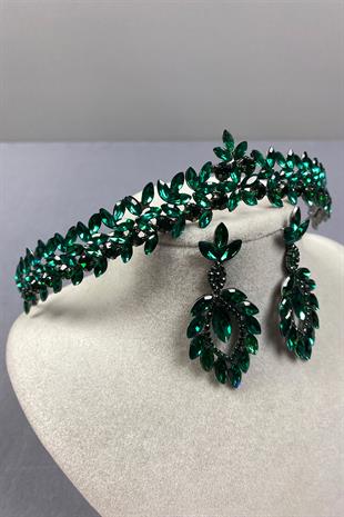 Green Thin Elegant Vera Bridal Henna Crown And Shuttle Earrings