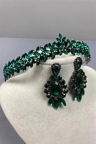 Green Thin Elegant Vera Bridal Henna Crown And Drop Shuttle Earrings