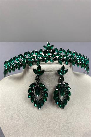 Green Thin Elegant Vera Bridal Henna Crown And Shuttle Earrings