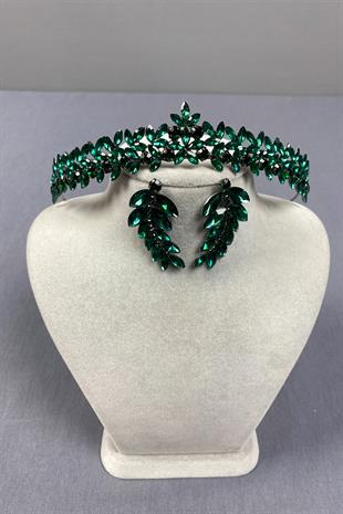 Green Thin Elegant Vera Bridal Henna Crown And Leaf Earrings