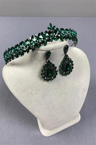 Green Thin Elegant Vera Bridal Henna Crown And Drop Earrings