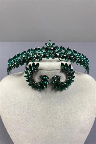 Green Thin Elegant Vera Bridal Henna Crown And Round Earrings