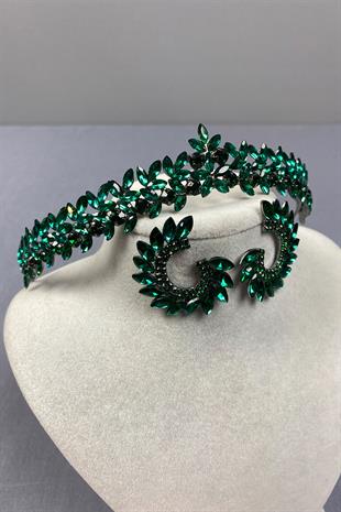 Green Thin Elegant Vera Bridal Henna Crown And Round Earrings