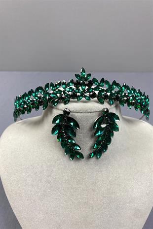 Green Thin Elegant Vera Bridal Henna Crown And Leaf Earrings