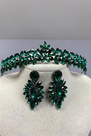 Green Thin Elegant Vera Bridal Henna Crown and Shuttle Earrings