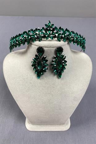 Green Thin Elegant Vera Bridal Henna Crown and Shuttle Earrings