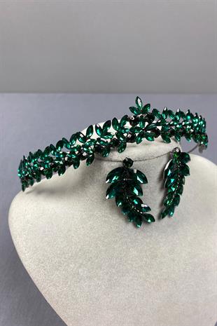 Green Thin Elegant Vera Bridal Henna Crown And Leaf Earrings