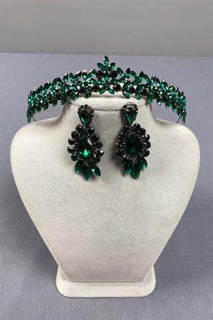 Green Thin Elegant Vera Bridal Henna Crown And Drop Shuttle Earrings