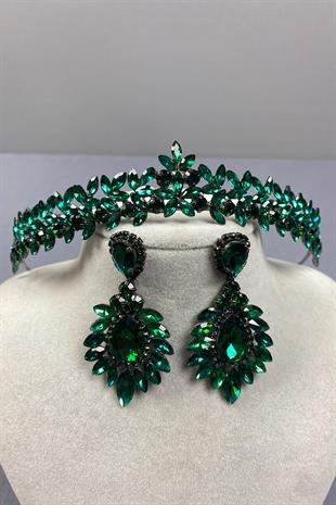 Green Thin Elegant Vera Bridal Henna Crown and Drop Shuttle Earrings