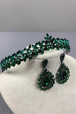 Green Thin Elegant Vera Bridal Henna Crown And Drop Earrings