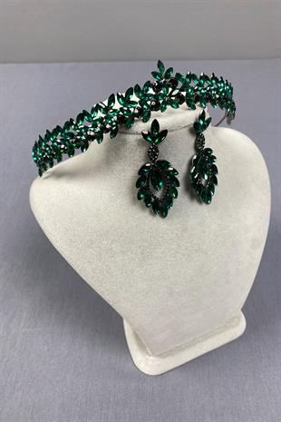 Green Thin Elegant Vera Bridal Henna Crown And Shuttle Earrings