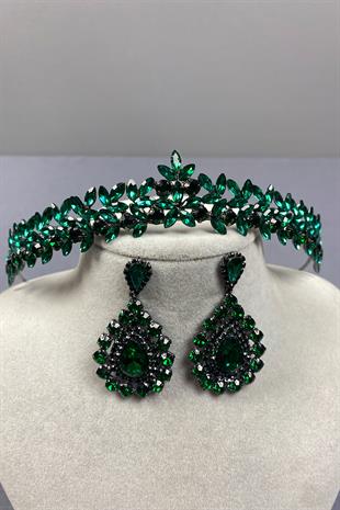 Green Thin Elegant Vera Bridal Henna Crown And Drop Earrings