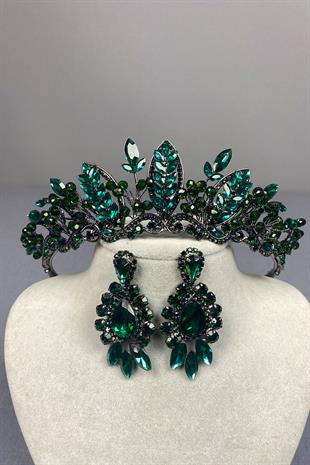 Green Jabbah Bead Embroidered Bridal Henna Crown and Shuttle Drop Earrings