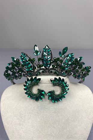 Green Jabbah Bead Embroidered Bridal Henna Crown and Round Earrings