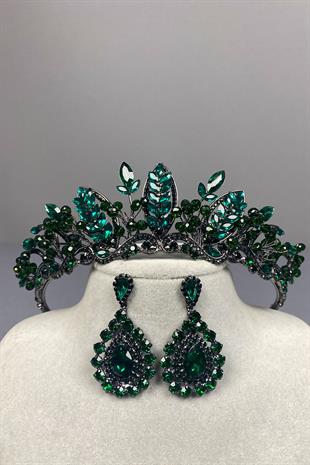 Green Jabbah Bead Embroidered Bridal Henna Crown and Drop Earrings