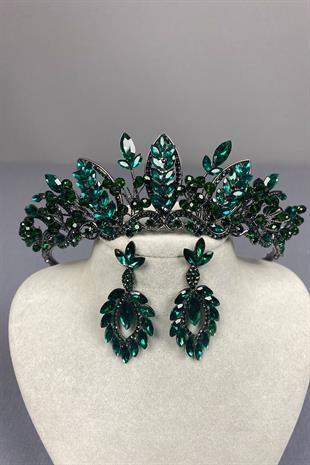 Green Jabbah Bead Embroidered Bridal Henna Crown and Shuttle Earring Set