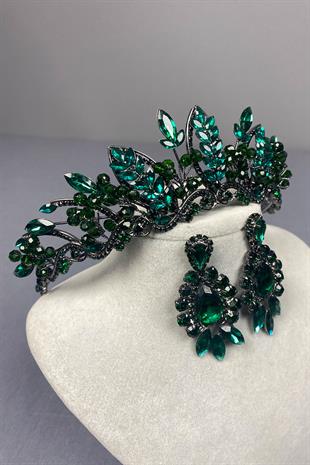 Green Jabbah Bead Embroidered Bridal Henna Crown and Shuttle Drop Earrings