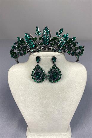 Green Jabbah Bead Embroidered Bridal Henna Crown and Drop Earrings