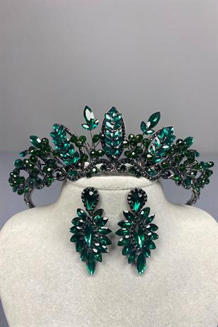 Green Jabbah Bead Embroidered Bridal Henna Crown and Fine Shuttle Earrings