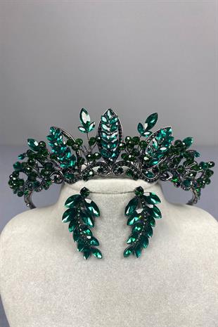Green Jabbah Bead Embroidered Bridal Henna Crown and Leaf Earrings