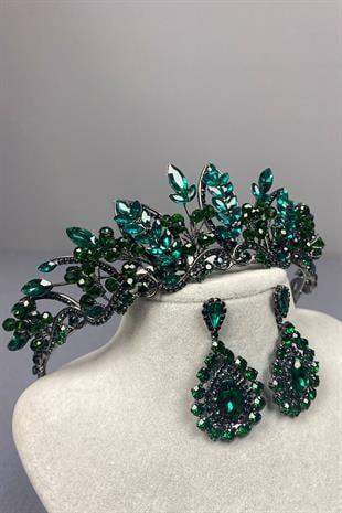 Green Jabbah Bead Embroidered Bridal Henna Crown and Drop Earrings