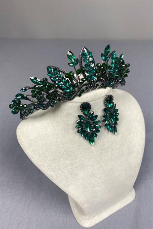 Green Jabbah Bead Embroidered Bridal Henna Crown and Fine Shuttle Earrings