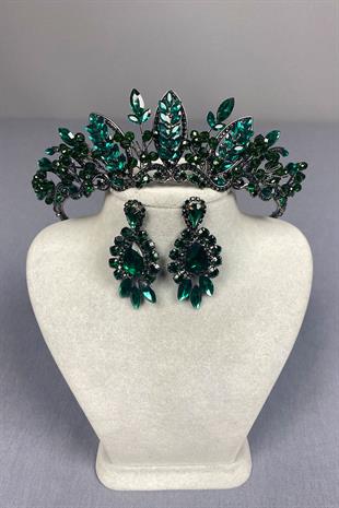 Green Jabbah Bead Embroidered Bridal Henna Crown and Shuttle Drop Earrings