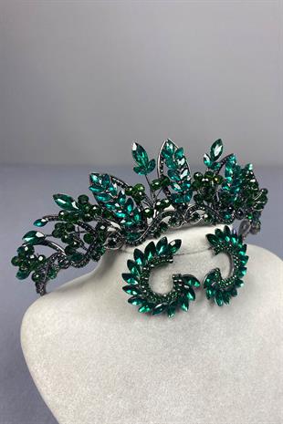 Green Jabbah Bead Embroidered Bridal Henna Crown and Round Earrings