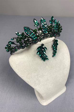 Green Jabbah Bead Embroidered Bridal Henna Crown and Leaf Earrings