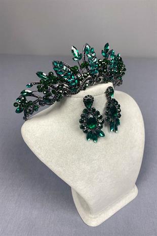 Green Jabbah Bead Embroidered Bridal Henna Crown and Shuttle Drop Earrings