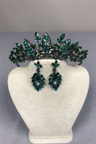 Green Jabbah Bead Embroidered Bridal Henna Crown and Shuttle Earring Set