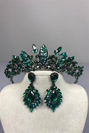 Green Jabbah Bead Embroidered Bridal Henna Crown and Shuttle Earrings