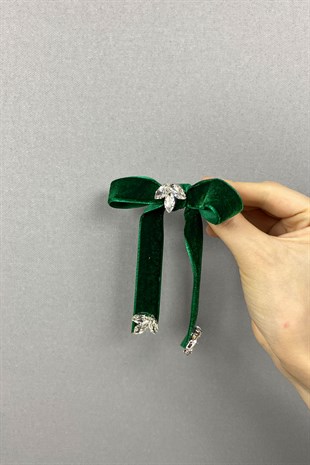 Yeşil Kadife Kurdeleli Taşlı Fiyonklu Saç Tokası