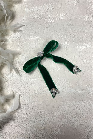 Yeşil Kadife Kurdeleli Taşlı Fiyonklu Saç Tokası