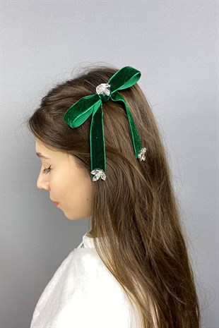 Yeşil Kadife Kurdeleli Taşlı Fiyonklu Saç Tokası