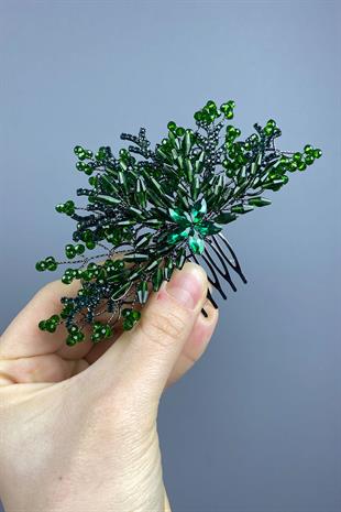 Green Crystal Embroidered Side Comb Hairclip Bridal Hair Accessory