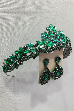 Green Crystal Stone Metal Case Henna, Bridal Crown and Earring Set