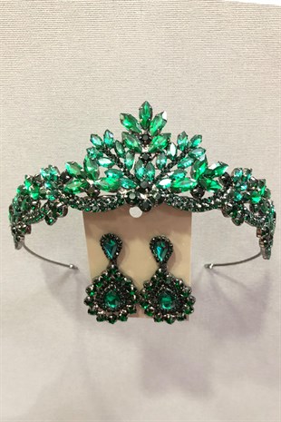 Green Crystal Stone Metal Case Henna, Bridal Crown and Earring Set