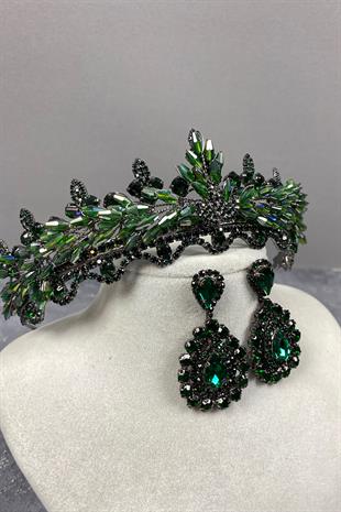 Green Lena Crystal Bridal Henna Crown And Stone Earring Set
