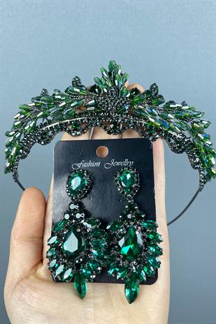 Green Lena Crystal Bridal Henna Crown And Stone Earring Set