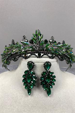 Green Lena Crystal Bridal Henna Crown And Earring Set