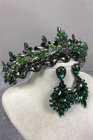 Green Lena Crystal Bridal Henna Crown And Stone Earring Set