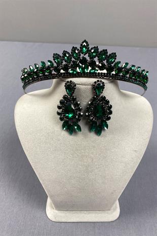 Green Leyn Bridal Henna Crown and Almond Shuttle Stone Earring Set