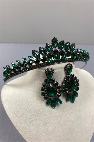 Green Leyn Bridal Henna Crown and Almond Shuttle Stone Earring Set