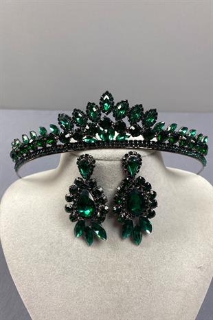 Green Leyn Bridal Henna Crown and Almond Shuttle Stone Earring Set
